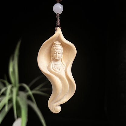 Handcrafted Boxwood Pendant – Lotus Leaf with Carved Bodhisattva Brings Serenity and Harmony | Zen Ara Grove