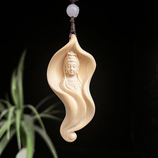 Handcrafted Boxwood Pendant – Lotus Leaf with Carved Bodhisattva Brings Serenity and Harmony | Zen Ara Grove