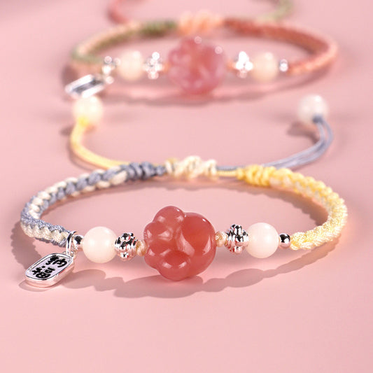Yanyuan Agate Cat Claw Paw White Bodhi Seed Fu Character Positive Braided Rope Bracelet  | Zen Ara Grove