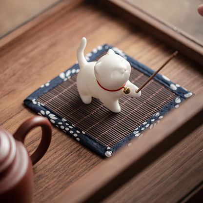 Mini Lucky Cat Kitten Tea Pet Ceramic Home Desk Figurine Decoration With Bamboo Mat| Zen Ara Grove