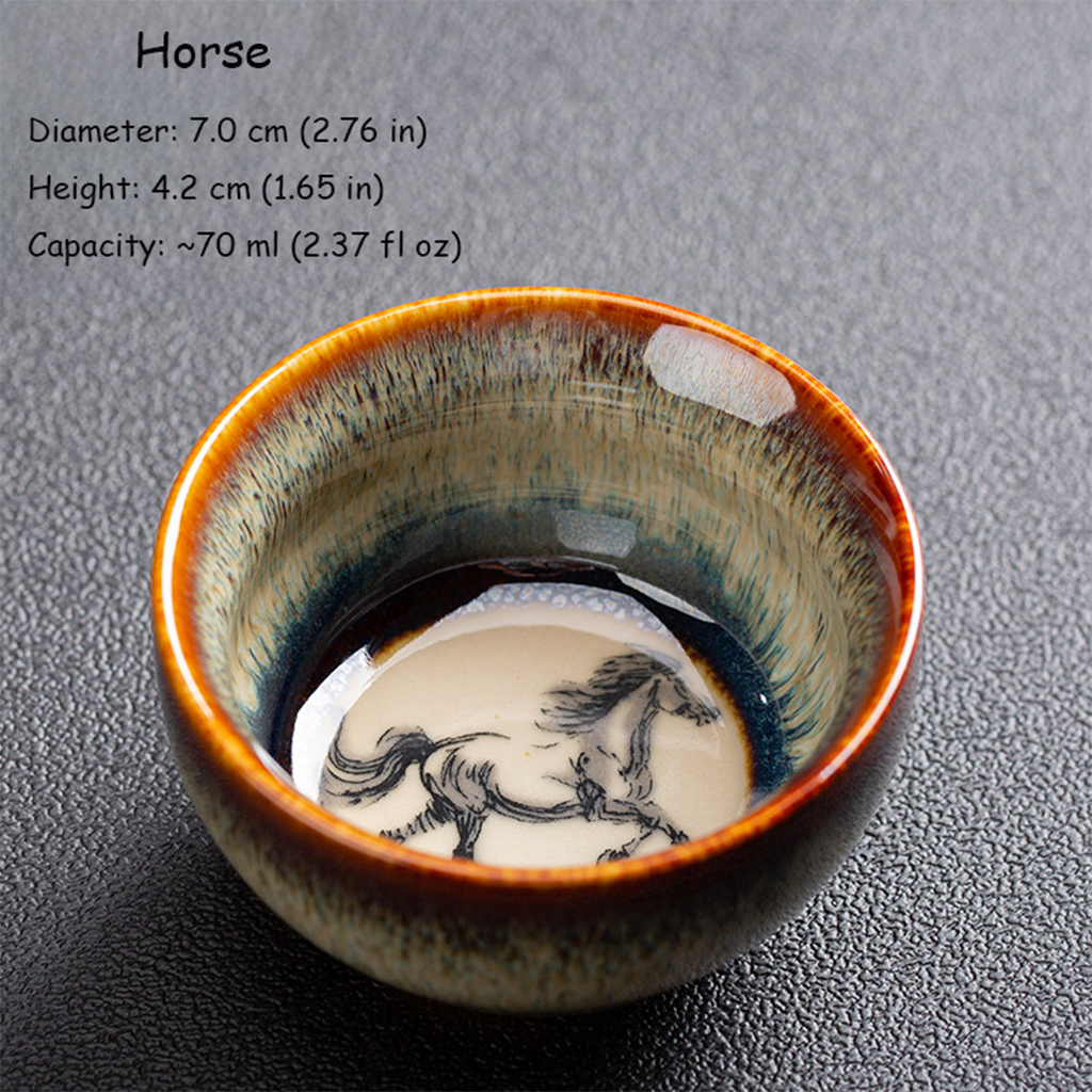 Handcrafted Kiln‑Change Ceramic Teacup with Zodiac Animal Motifs for Good Fortune | Zen Ara Grove
