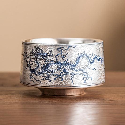 Silver-Gilded Dragon Motif Ceramic Tea Cup – Handcrafted Elegance | Zen Ara Grove