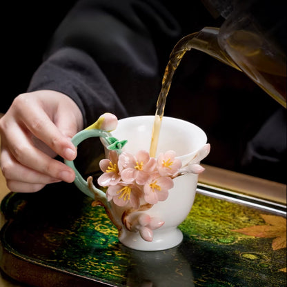 Handcrafted Ceramic Cup with Soft Pink Cherry Blossom – Blooming from the Cup, One of a Kind | Zen Ara Grove
