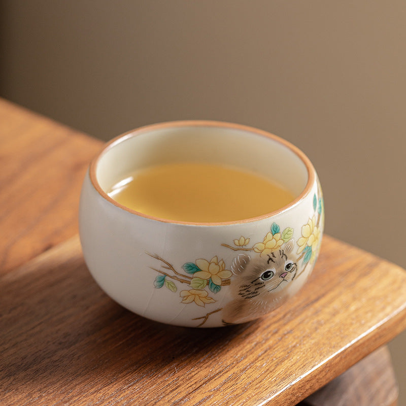 Cute Cat Yellow Flowers Rabbit Teacup Kung Fu Tea Cup  | Zen Ara Grove
