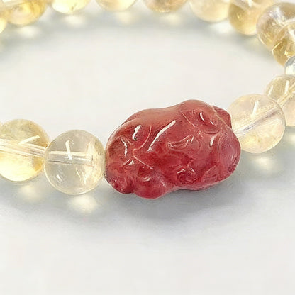 Hand‑Carved Strawberry Quartz Pixiu with Citrine Beads — Meaning of Wealth & Positive Flow | Zen Ara Grove