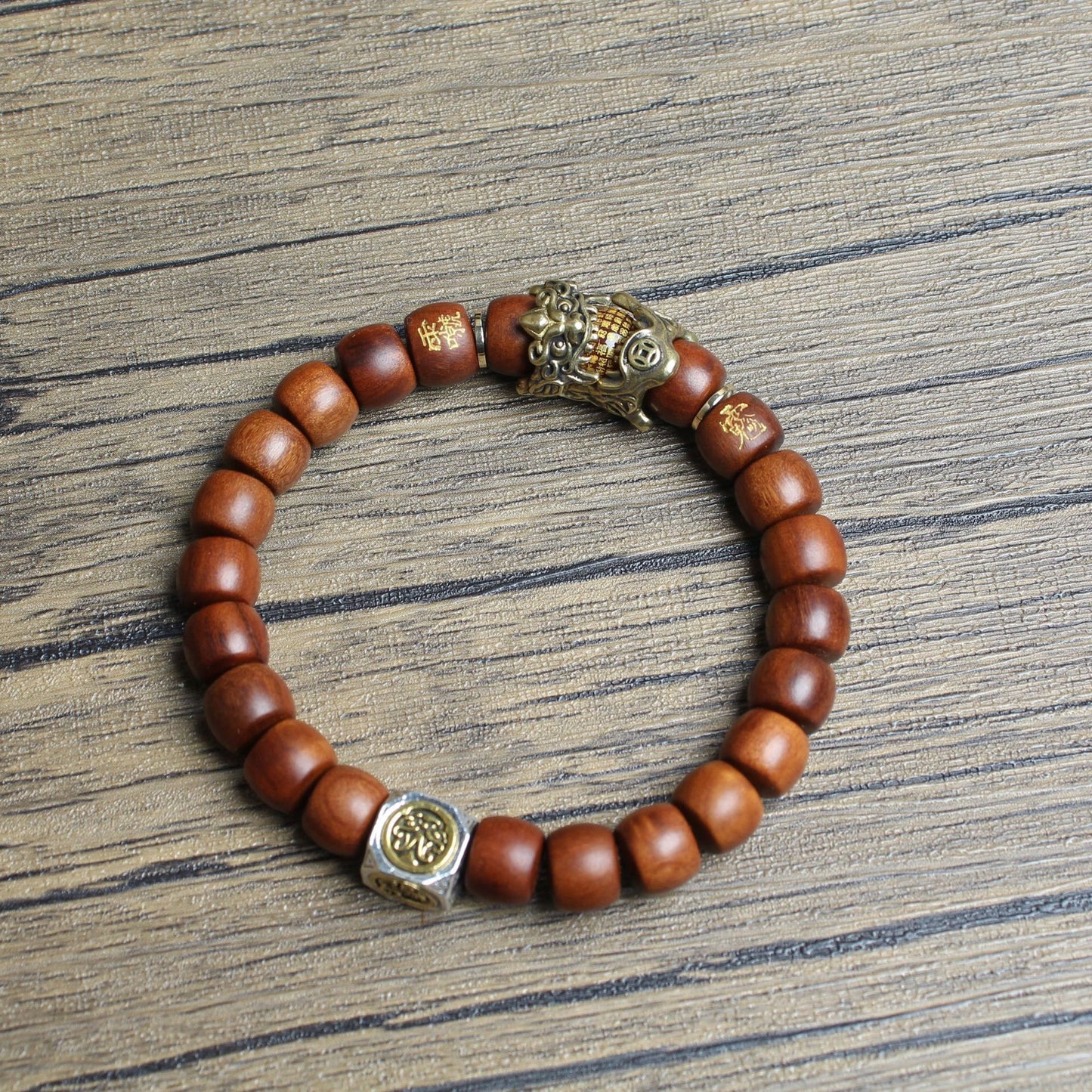 Dragon-Tiger Mountain Pixiu Blessing Bracelet – Thunderstruck Jujube Wood Beads | Zen Ara Grove