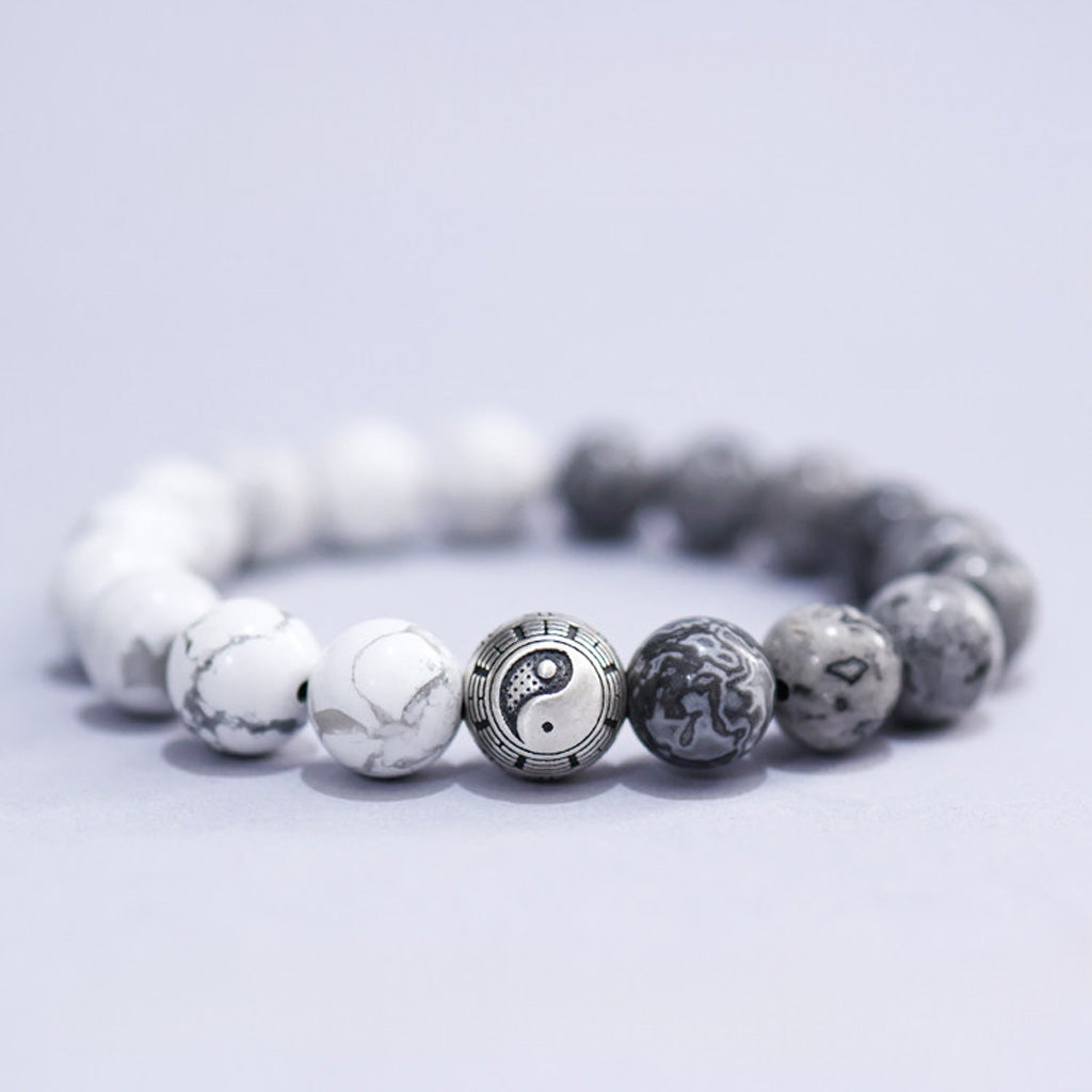 White Turquoise & Map Stone Beaded Bracelet – Yin-Yang Metal Accent, 999 Silver Ba Gua Bead | Zen Ara Grove