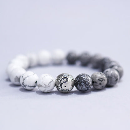 White Turquoise & Map Stone Beaded Bracelet – Yin-Yang Metal Accent, 999 Silver Ba Gua Bead | Zen Ara Grove