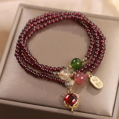 Elegant Garnet & Strawberry Quartz Fox Bracelet – Multi‑Loop Design | Zen Ara Grove
