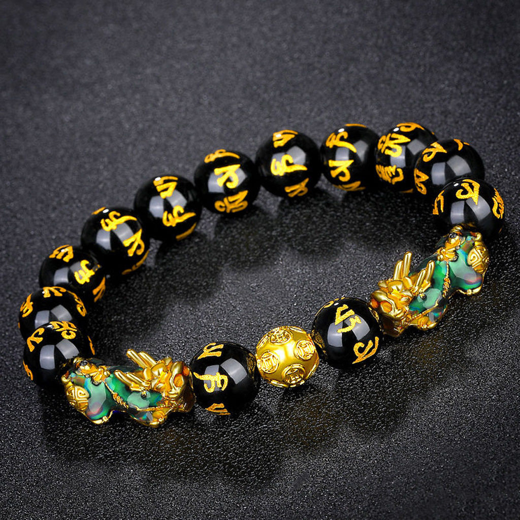 Thermo‑Color Changing Pixiu Obsidian Mantra Bracelet – Symbol of Protection and Fortune | Zen Ara Grove