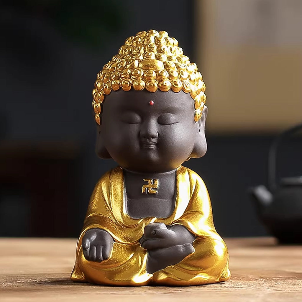 Mini Zen Buddha Statue – Handcrafted Purple Clay Ceramic with Golden Touch of Serenity | Zen Ara Grove