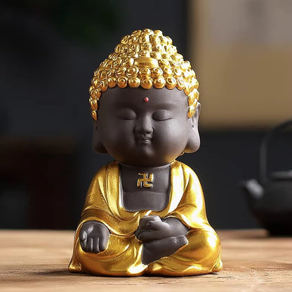 Mini Zen Buddha Statue – Handcrafted Purple Clay Ceramic with Golden Touch of Serenity | Zen Ara Grove