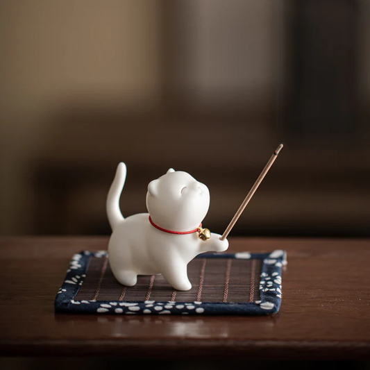 Mini Lucky Cat Kitten Tea Pet Ceramic Home Desk Figurine Decoration With Bamboo Mat| Zen Ara Grove