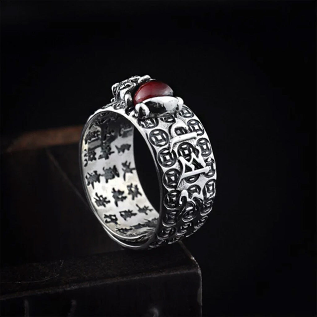 Pixiu Heart Sutra Ring with Symbol of Protection and Prosperity Ruby Inlay Adjustable Wide Band | Zen Ara Grove