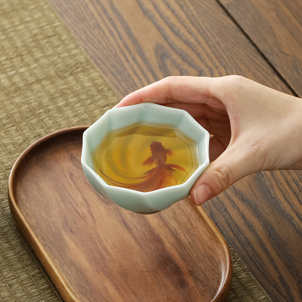 Celadon Porcelain Koi Fish Teacup – Artistic Green Glaze Tea Bowl | Zen Ara Grove
