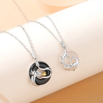 S925 Sterling Silver Black Agate Dragon or White Chalcedony Dragon and Phoenix Necklace