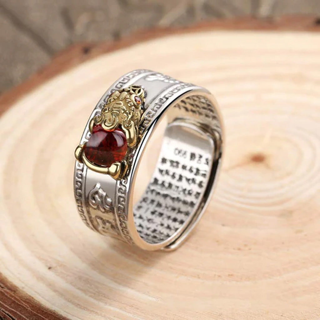 Garnet Pixiu Heart Sutra Adjustable Ring with Cloud Motif Minimalist Style for Wealth and Good Luck | Zen Ara Grove