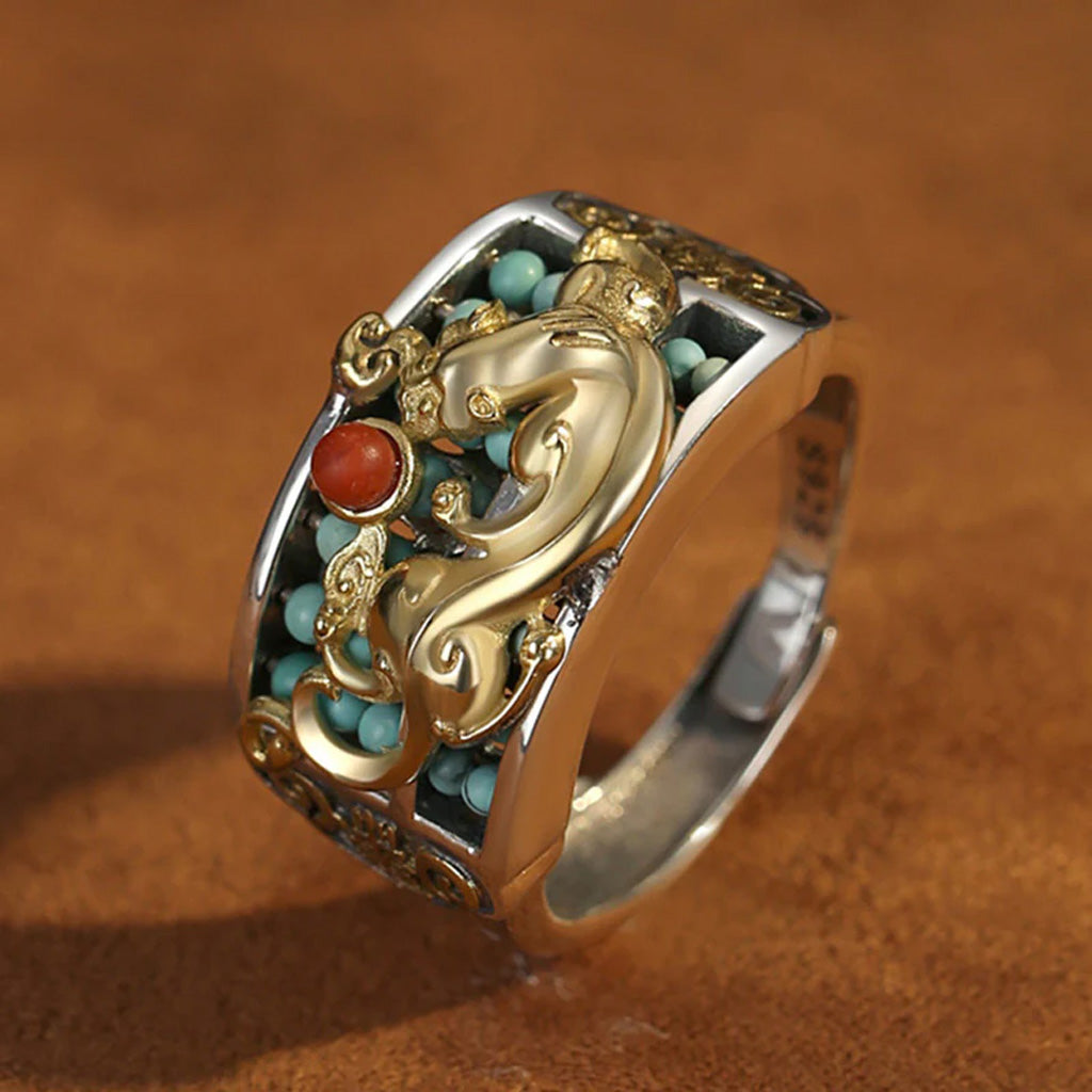 S925 Sterling Silver Adjustable Pixiu Ring with Turquoise & Abacus Motif – Hand-Carved Fortune Jewelry | Zen Ara Grove