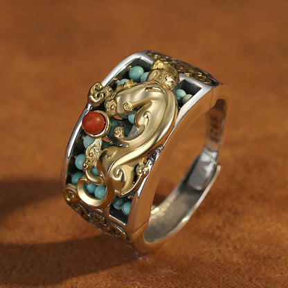 S925 Sterling Silver Adjustable Pixiu Ring with Turquoise & Abacus Motif – Hand-Carved Fortune Jewelry | Zen Ara Grove