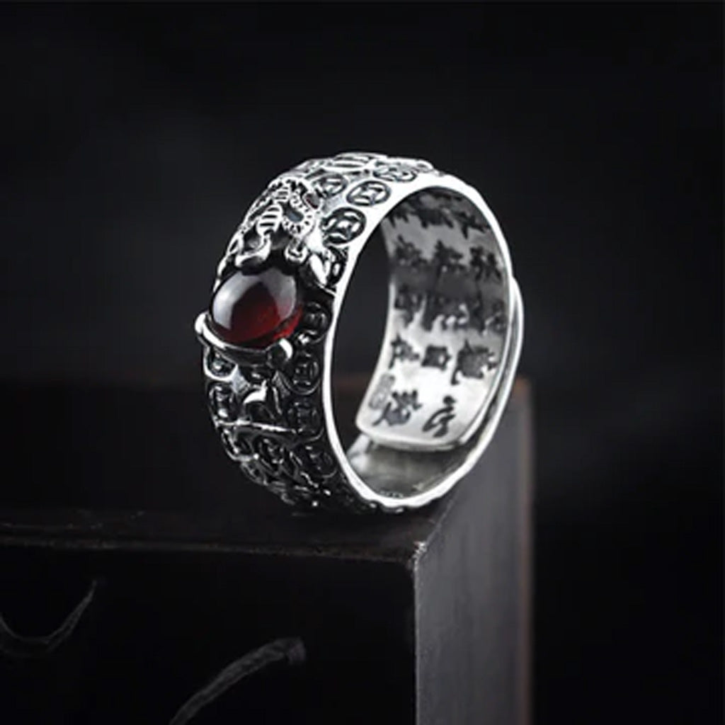 Pixiu Heart Sutra Ring with Symbol of Protection and Prosperity Ruby Inlay Adjustable Wide Band | Zen Ara Grove