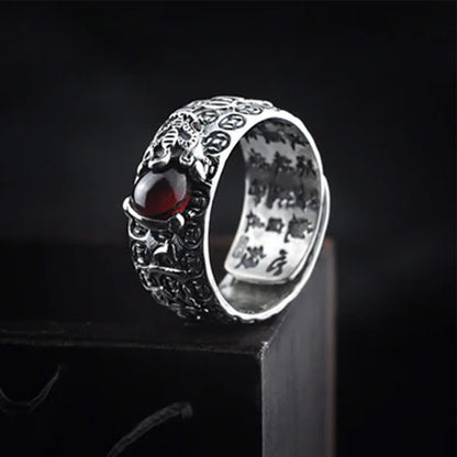 Pixiu Heart Sutra Ring with Symbol of Protection and Prosperity Ruby Inlay Adjustable Wide Band | Zen Ara Grove