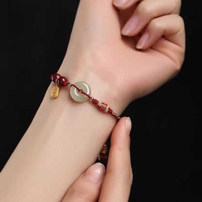 Natural Hetian Jade Peace Buckle Bracelet with Cinnabar and Koi Detail — Protection & Prosperity