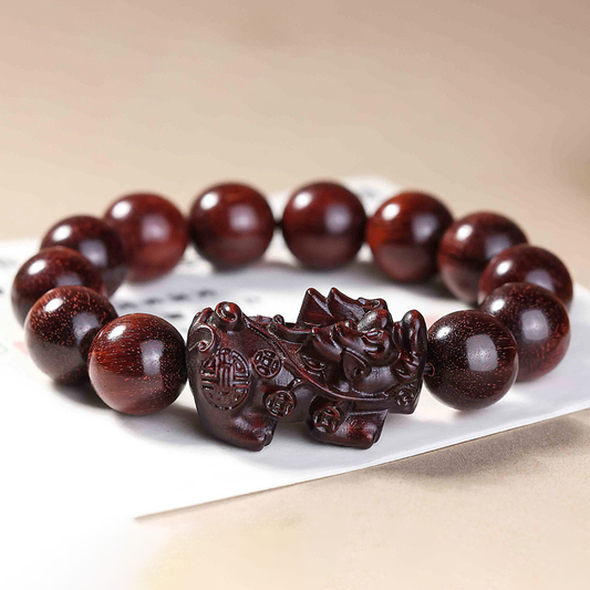 Handcrafted Red Sandalwood Pixiu Beaded Bracelet – Prosperity & Longevity | Zen Ara Grove