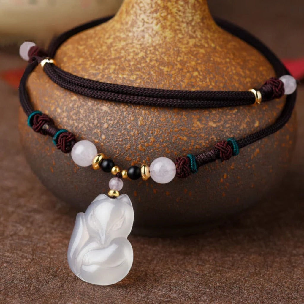 Adjustable Jade Cord Necklace – Carved Fox Pendant with Rose Quartz | Zen Ara Grove