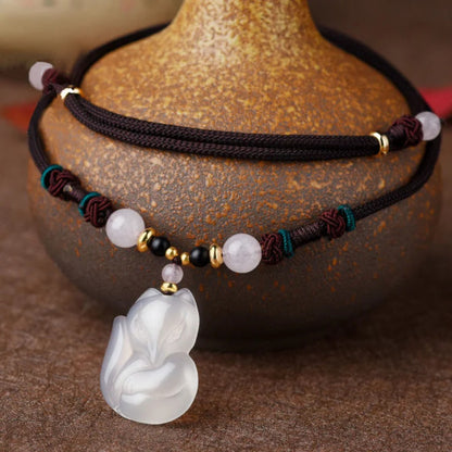 Adjustable Jade Cord Necklace – Carved Fox Pendant with Rose Quartz | Zen Ara Grove