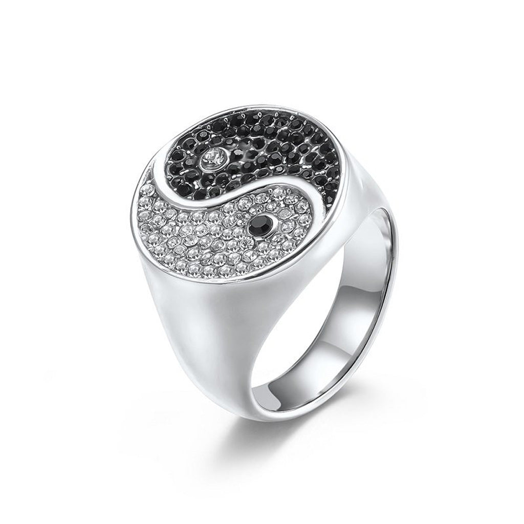 Yin-Yang Titanium Steel Ring – Black & White CZ, Symbol of Balance | Zen Ara Grove