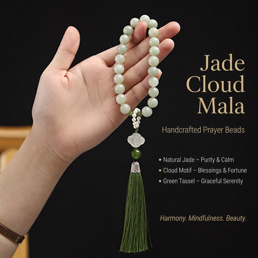 LIMITED TIME OFFER · Tranquil Finger Mala – Jade Beads, Cloud Motif, and Flowing Tassel | Zen Ara Grove