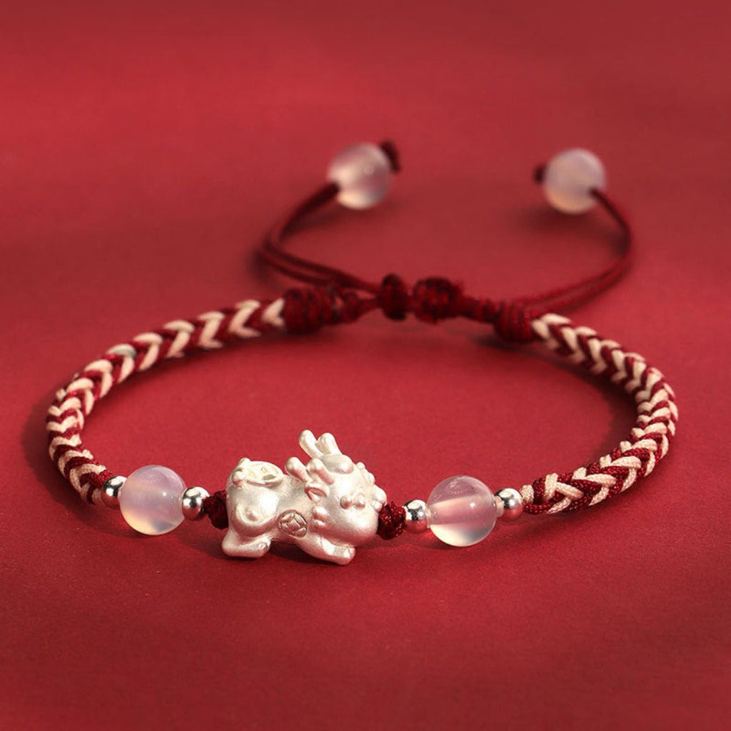 Silver Pixiu Red & White Braided Luck Bracelet | Zen Ara Grove