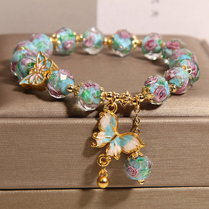 Blue Rose Garden Butterfly Pendant Glass Bracelet | Zen Ara Grove