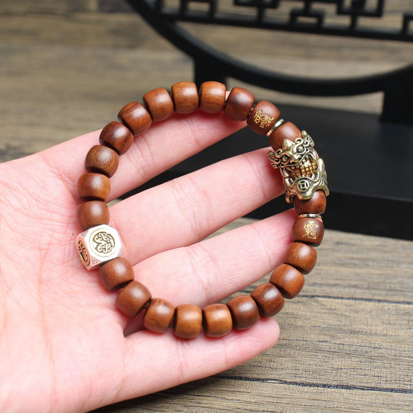 Dragon-Tiger Mountain Pixiu Blessing Bracelet – Thunderstruck Jujube Wood Beads | Zen Ara Grove