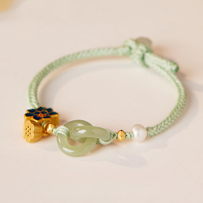 Adjustable Double Hetian Jade Peace Buckle Bracelet with Lotus Charm — Harmony & Protection