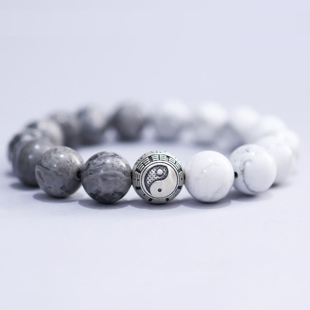 White Turquoise & Map Stone Beaded Bracelet – Yin-Yang Metal Accent, 999 Silver Ba Gua Bead | Zen Ara Grove