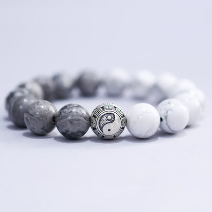 White Turquoise & Map Stone Beaded Bracelet – Yin-Yang Metal Accent, 999 Silver Ba Gua Bead | Zen Ara Grove