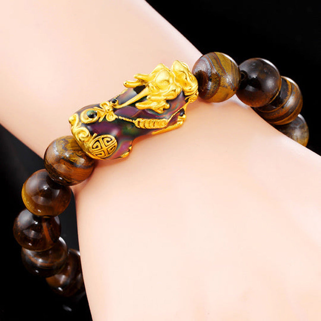 Natural Tiger’s Eye Bead Bracelet with Color-Changing Pixiu — Symbol of Protection | Zen Ara Grove