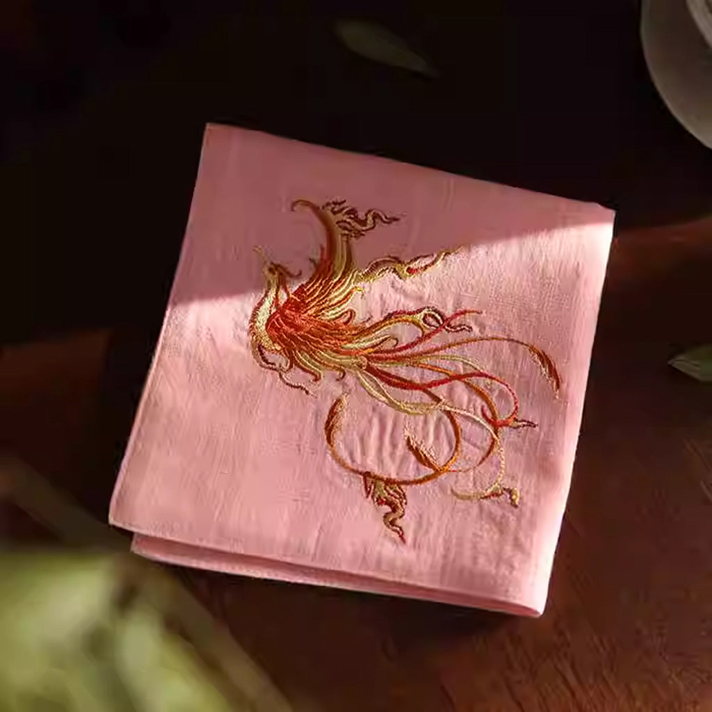 Double‑Layer Cotton Handkerchief – Hand‑Embroidered Phoenix Symbolizing Grace and Renewal | Zen Ara Grove