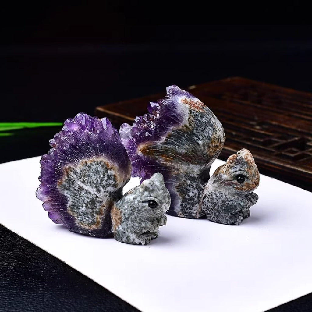 Hand-Carved Squirrel on Natural Amethyst Cluster – Symbol of Energy and Joy | Zen Ara Grove