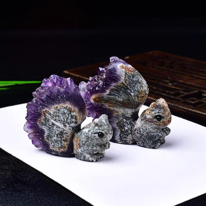 Hand-Carved Squirrel on Natural Amethyst Cluster – Symbol of Energy and Joy | Zen Ara Grove
