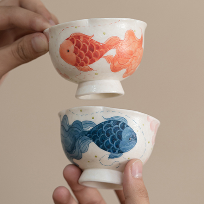 Hand-Painted Koi Porcelain Footed Cup – Flared Flower Rim | Zen Ara Grove