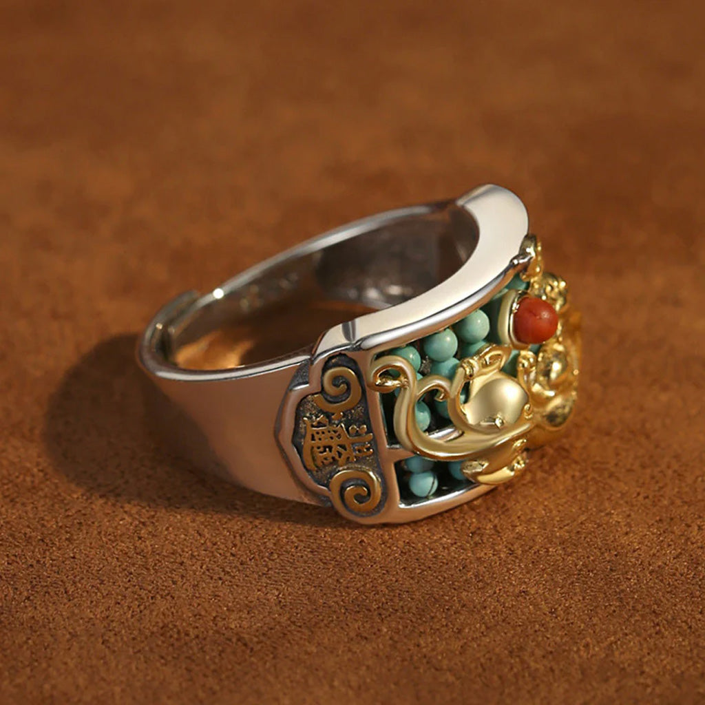 S925 Sterling Silver Adjustable Pixiu Ring with Turquoise & Abacus Motif – Hand-Carved Fortune Jewelry | Zen Ara Grove