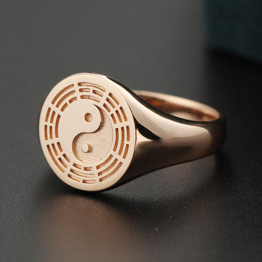 Rose Gold Adjustable Copper Ring with Taiji & Bagua Design – Balance & Harmony | Zen Ara Grove