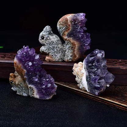 Hand-Carved Squirrel on Natural Amethyst Cluster – Symbol of Energy and Joy | Zen Ara Grove