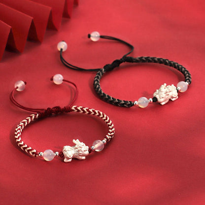 Silver Pixiu Red & White Braided Luck Bracelet | Zen Ara Grove