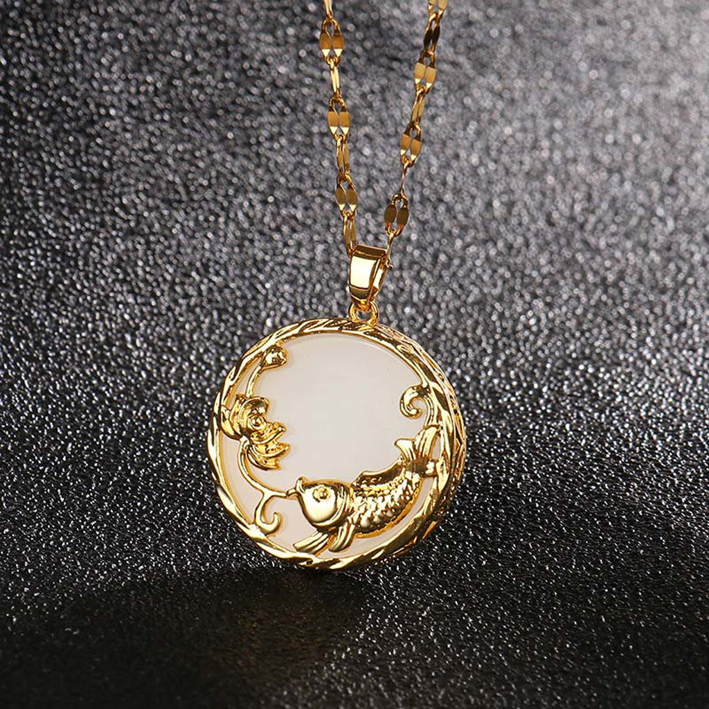 Jade Koi and Lotus Medallion Necklace with Gold-Tone Openwork Frame — Luck & Renewal