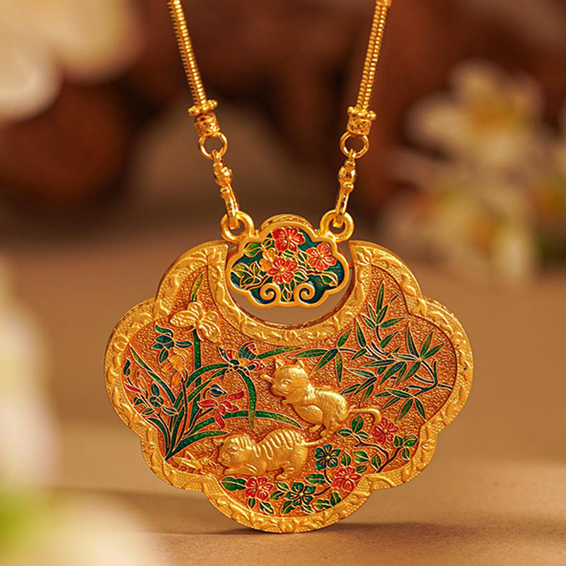 Double-Sided Cloisonné Fortune Lock Pendant in Burnished Gold | Zen Ara Grove