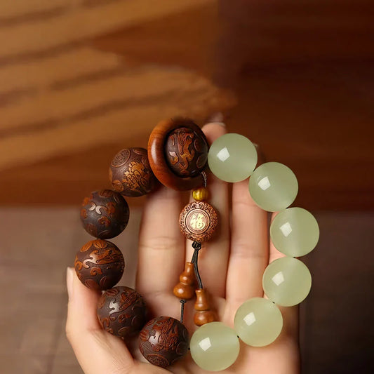 Sandalwood and Jade Beaded Bracelet with 'Fu' Charm | Zen Ara Grove