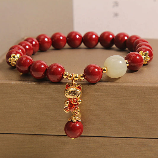 Natural Lucky Cat Pendant Cinnabar Blessing Bracelet  | Zen Ara Grove